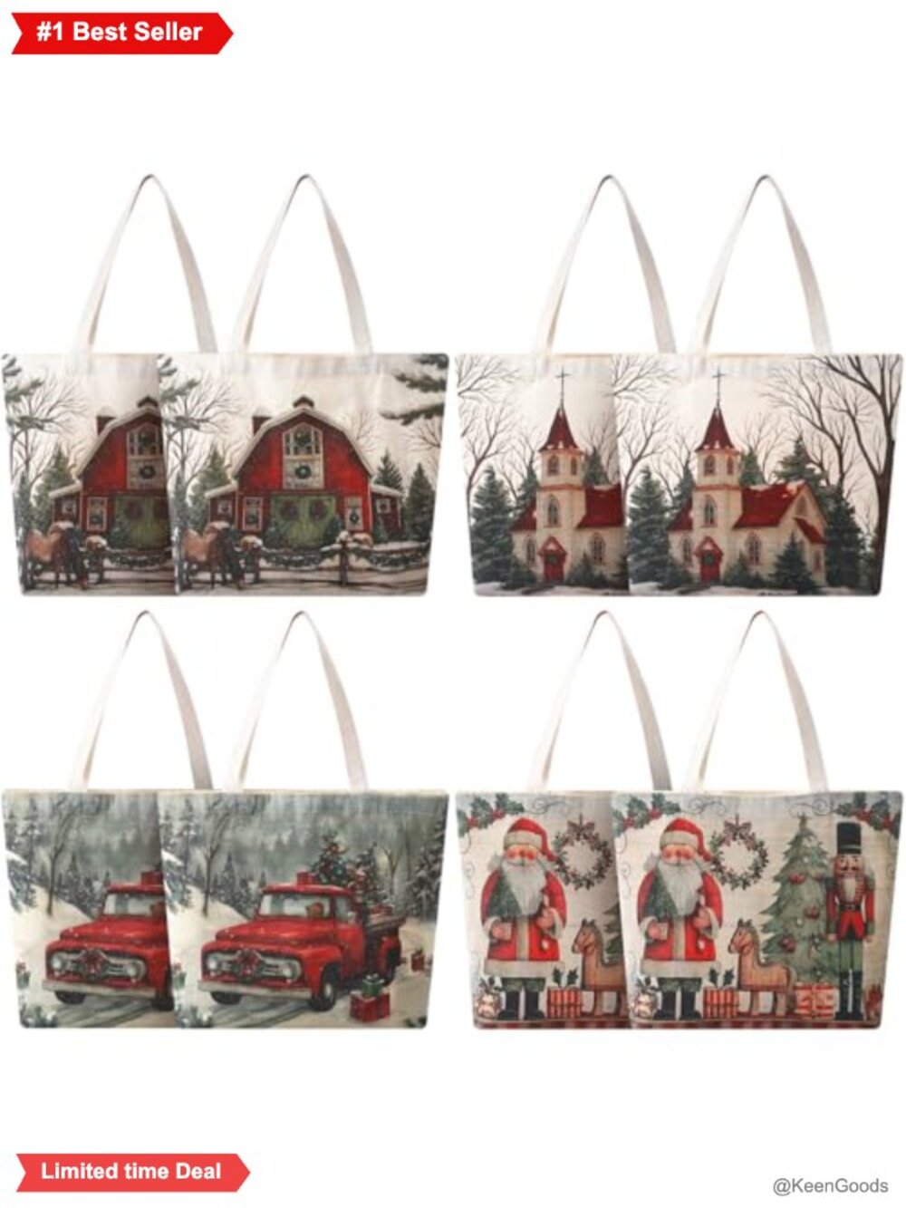 8 Pc Christmas Canvas Tote Bags Reusable Vintage Gift Bags Large